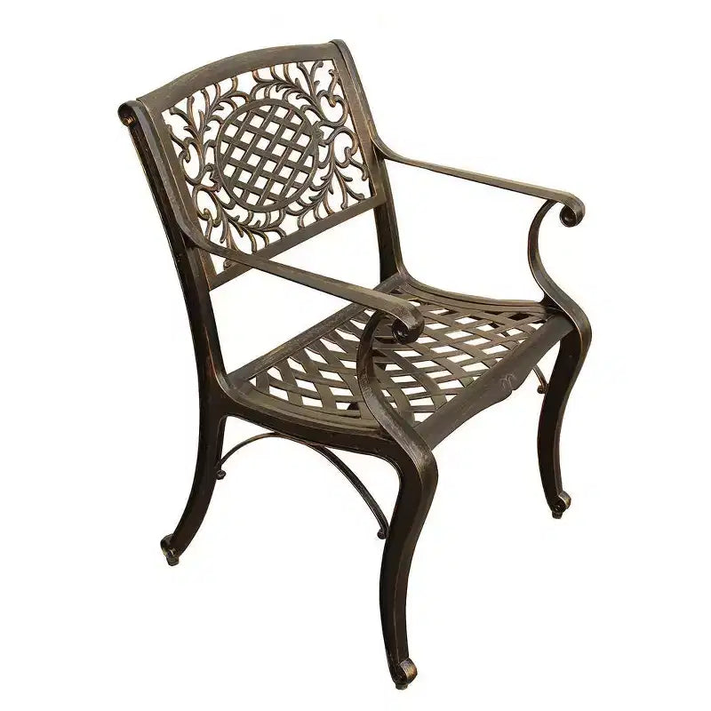 Set da pranzo per patio da 7 pezzi con tavolo rotondo in alluminio a maglia ornamentale tradizionale da 59" con vassoio girevole - Bronzo - Oakland Living: resistente ai raggi UV