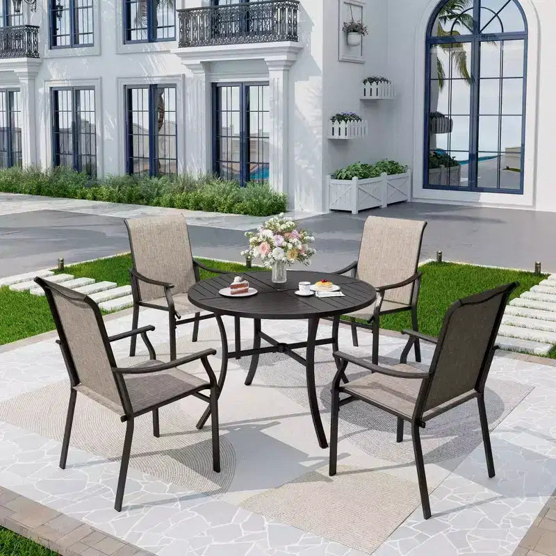 5pc Outdoor Dining Set with Padded Sling Chairs & Round Metal Table - Gray/Black - Captiva Designs: Sturdy, Water-Resistant Patio Set for 4
