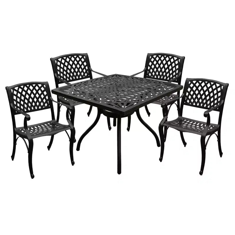 5pc Outdoor Set with Ornate 37" Mesh Aluminum Black Square Table with Modern Chairs - Oakland Living