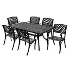 7pc Patio Dining Set with 68" Modern Ornate Outdoor Mesh Aluminum Rectangular Table & Modern Chairs - Black - Oakland Living: UV-Resistant