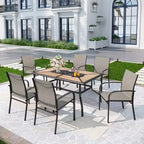 7pc Patio Dining Set with Faux Wood/Steel Table with Umbrella Hole & Metal Padded Arm Chairs - Captiva Designs