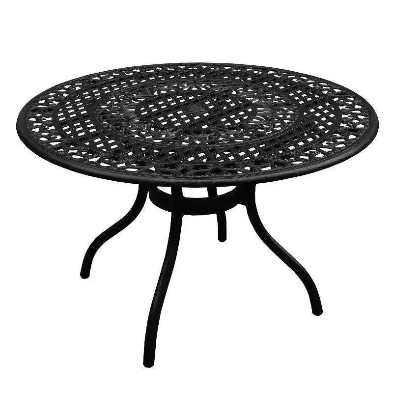 Set da pranzo da 5 pezzi per patio con tavolo rotondo in rete di alluminio da esterno decorato da 48 pollici e sedie di lusso - Nero - Oakland Living: Resistente ai raggi UV, Non pieghevole