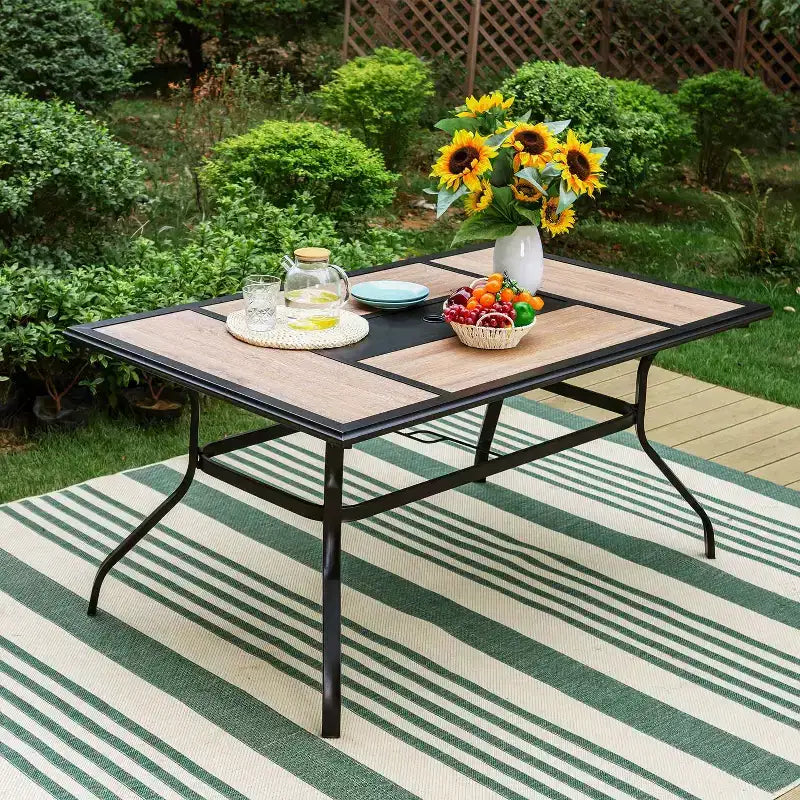 Set da pranzo da esterno 7 pezzi: Nero/Beige, Struttura in acciaio, Resistente all'acqua e alla ruggine, 6 sedie con braccioli, Tavolo rettangolare, Arredamento da giardino