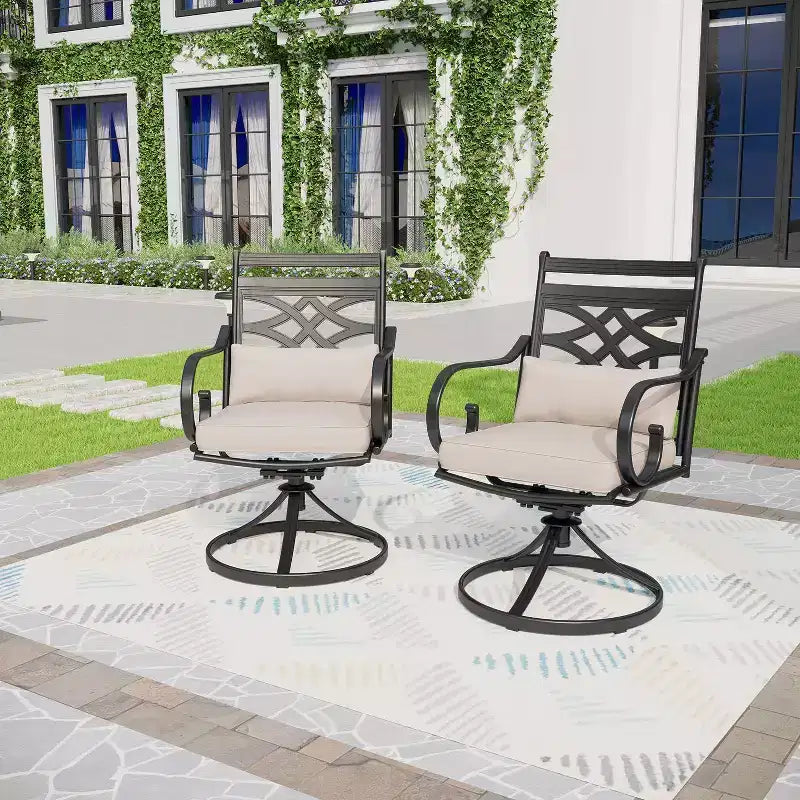 Set da pranzo da esterno 7 pezzi: Nero/Beige, Struttura in acciaio, Resistente all'acqua e alla ruggine, 6 sedie con braccioli, Tavolo rettangolare, Arredamento da giardino