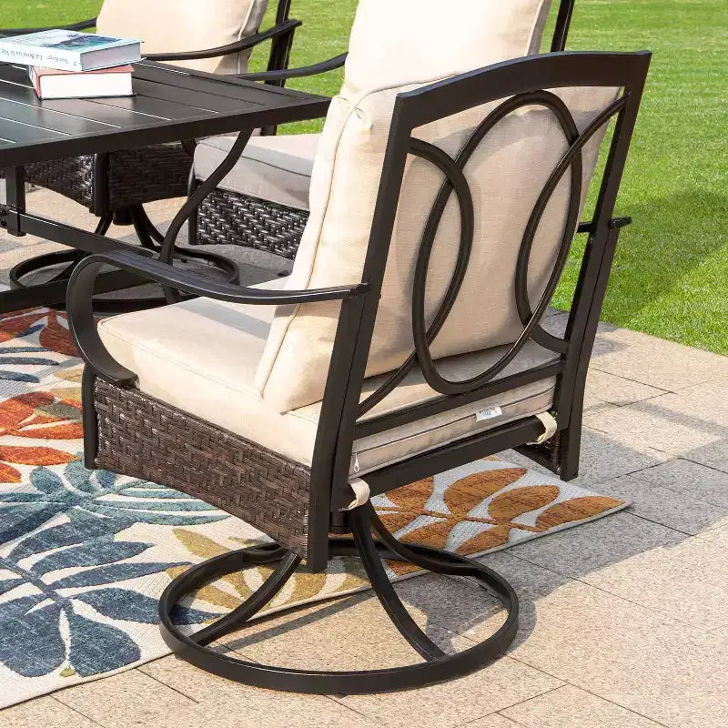 Captiva Designs - Set da pranzo da esterno in acciaio da 7 pezzi con sedie girevoli e tavolo in metallo con foro per ombrellone, colore nero