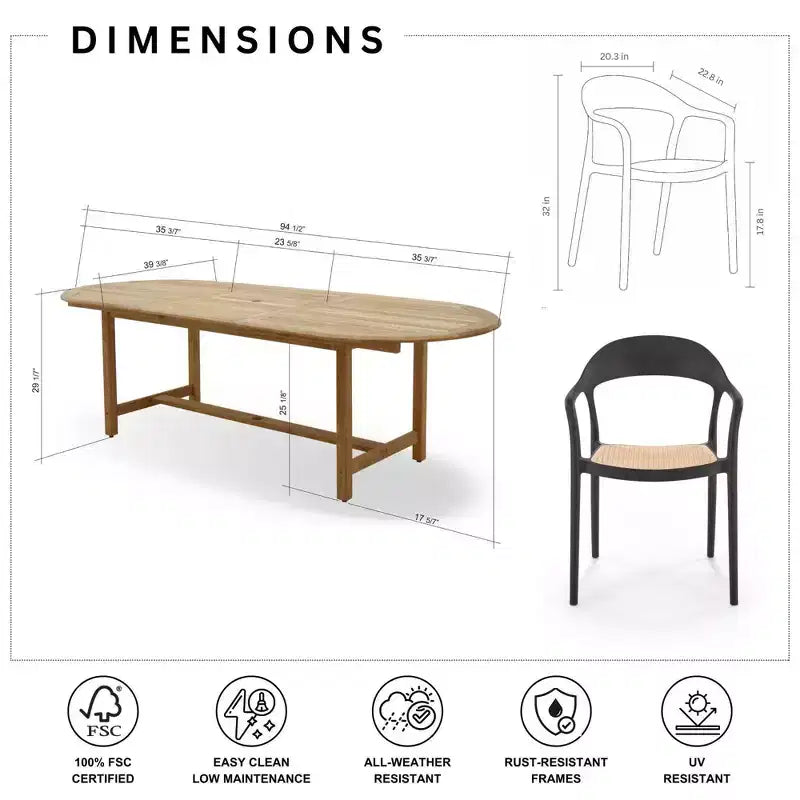 Set da pranzo da esterno ovale a 9 pezzi Amazonia Rio, nero