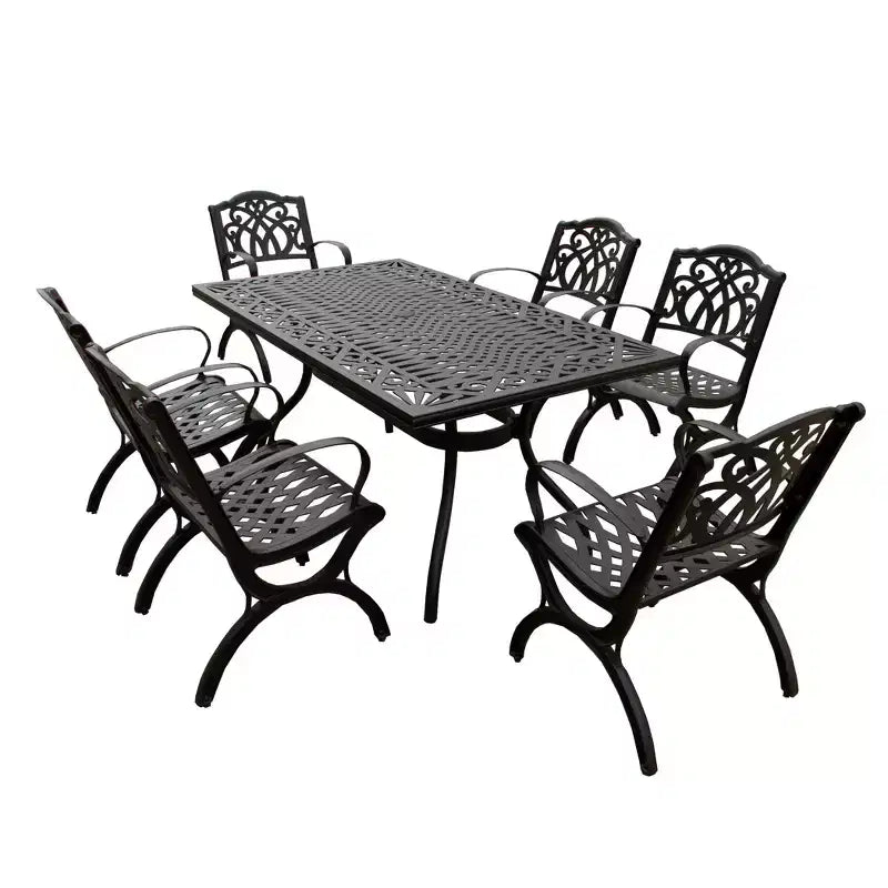 7pc Patio Dining Set with 68" Modern Ornate Outdoor Mesh Aluminum Rectangular Table & Luxury Chairs - Black - Oakland Living