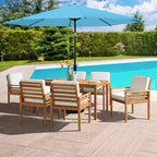 Set da pranzo da esterno Alaterre Furniture 8 pz, tavolo Okemo con ombrellone a inclinazione automatica da 3 m, blu