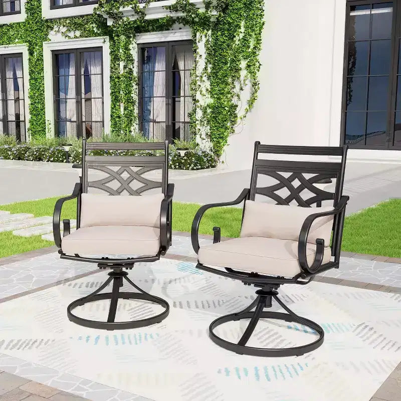Set da pranzo da esterno 7 pezzi con 2 sedie girevoli e tavolo in finto legno con foro per ombrellone - Captiva Designs: Arredamento da patio resistente alle intemperie