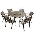 7pc Outdoor Dining Set with Ornate Traditional & Modern Contemporary Mesh Lattice Aluminum 59" Round Table - Bronze - Oakland Living