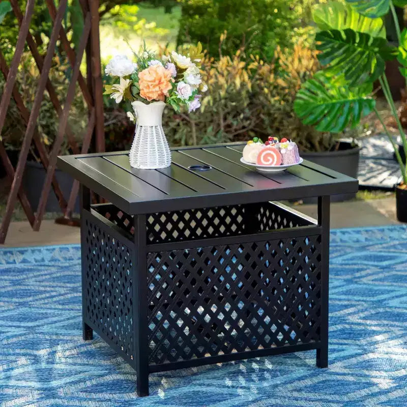 Set da pranzo da 3 pezzi per esterni con tavolino quadrato con foro per ombrellone e sedie a fionda leggere - Captiva Designs: mobili per esterni per balcone