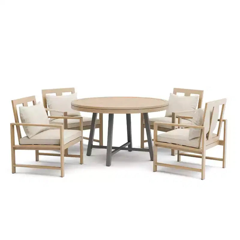 Greemotion 5pc Lyon 3-in-1 Outdoor Convertible Patio Dining Set with Arm Chairs Brown: Modern Aluminum & Teak Table, UV-Resistant