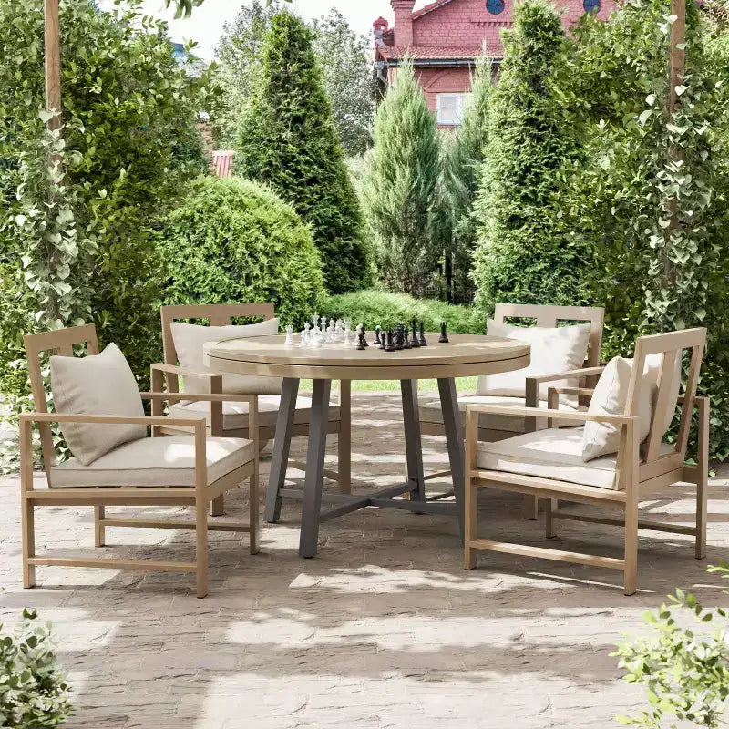 Greemotion Ensemble de 5 pièces de salle à manger/salon de jardin convertible 3-en-1 Lyon avec fauteuils, marron : table moderne en aluminium et teck, résistant aux UV
