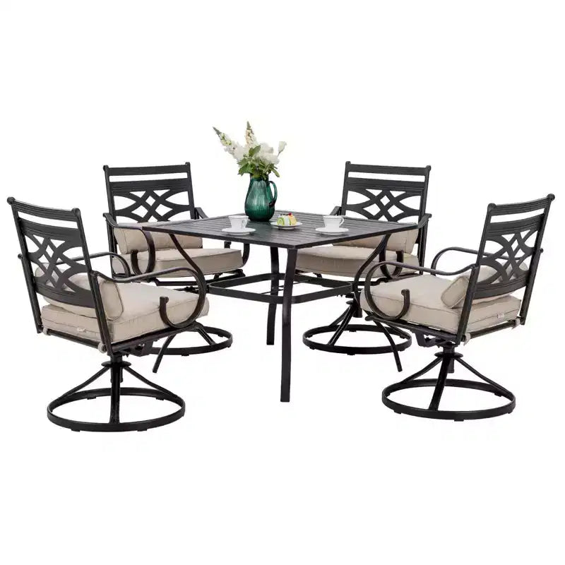 Ensemble de salle à manger extérieur 5 pièces avec chaises pivotantes, coussins d'assise et de dossier et table carrée en métal avec trou pour parasol - Captiva Designs