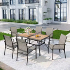 7pc Patio Dining Set with Faux Wood/Steel Table with Umbrella Hole & Sling Arm Chairs - Captiva Designs