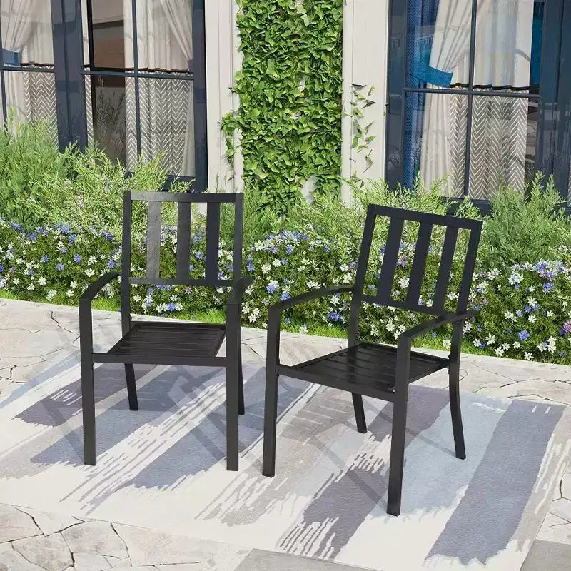 Set da pranzo per patio 5 pezzi con tavolo rotondo e sedie a braccioli in acciaio con schienale a righe - Nero - Captiva Designs: Resistente agli agenti atmosferici, Non estensibile