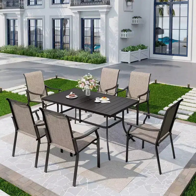 7pc Patio Dining Set with Rectangle Table with 1.57" Umbrella Hole & Sling Arm Chairs - Captiva Designs