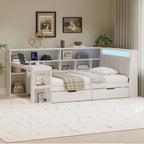 Divano Letto a "L" in Legno con Scrivania, Mobile Libreria, Letto Angolare con Cassetti Sottostanti, Testiera Imbottita con Luce Integrata