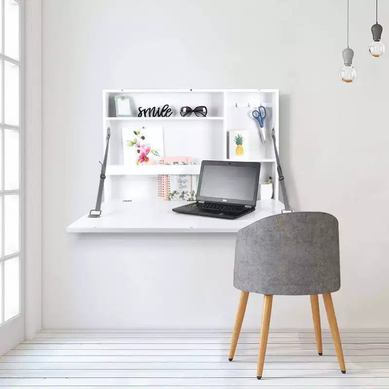 Bureau mural escamotable Murphy 91 x 61 cm Blanc - Prinz : Montage mural moderne, étagère de rangement ouverte, fabrication en MDF