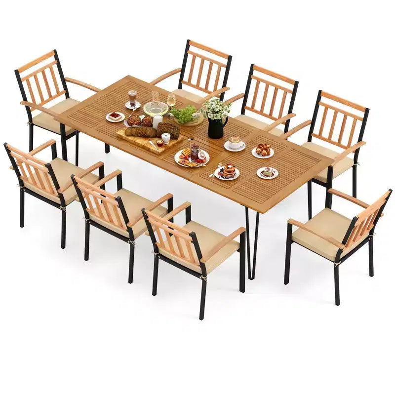 Set da pranzo da patio Costway 9 pezzi con 8 sedie, tavolo in legno di acacia, foro per ombrellone, per giardino