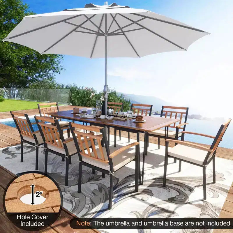 Set da pranzo da patio Costway 9 pezzi con 8 sedie, tavolo in legno di acacia, foro per ombrellone, per giardino