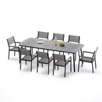 Crestlive Products - Set da pranzo per esterni 7 pezzi per 6 persone, tavolo rettangolare da patio con telaio in alluminio e piano effetto legno, con foro per ombrellone