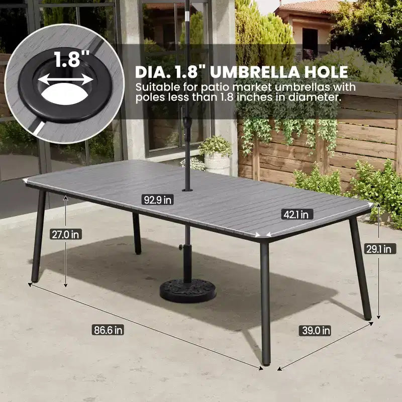 Crestlive Products - Set da pranzo per esterni 7 pezzi per 6 persone, tavolo rettangolare da patio con telaio in alluminio e piano effetto legno, con foro per ombrellone