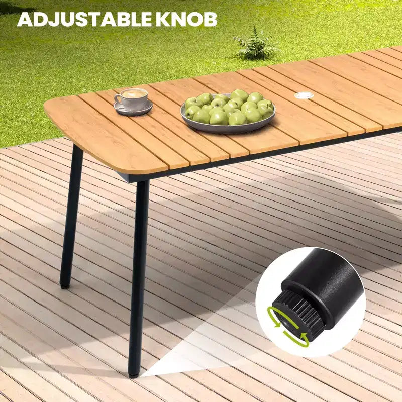 Crestlive Products - Set da pranzo per esterni 7 pezzi per 6 persone, tavolo rettangolare da patio con telaio in alluminio e piano effetto legno, con foro per ombrellone