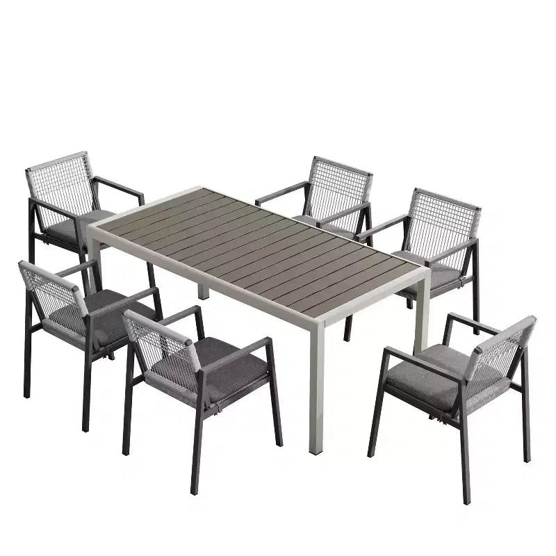 Christopher Knight Home Brooks 7 pcs Outdoor Aluminum and Wood Dining Set with Woven Rope, Gray/Black/Silver