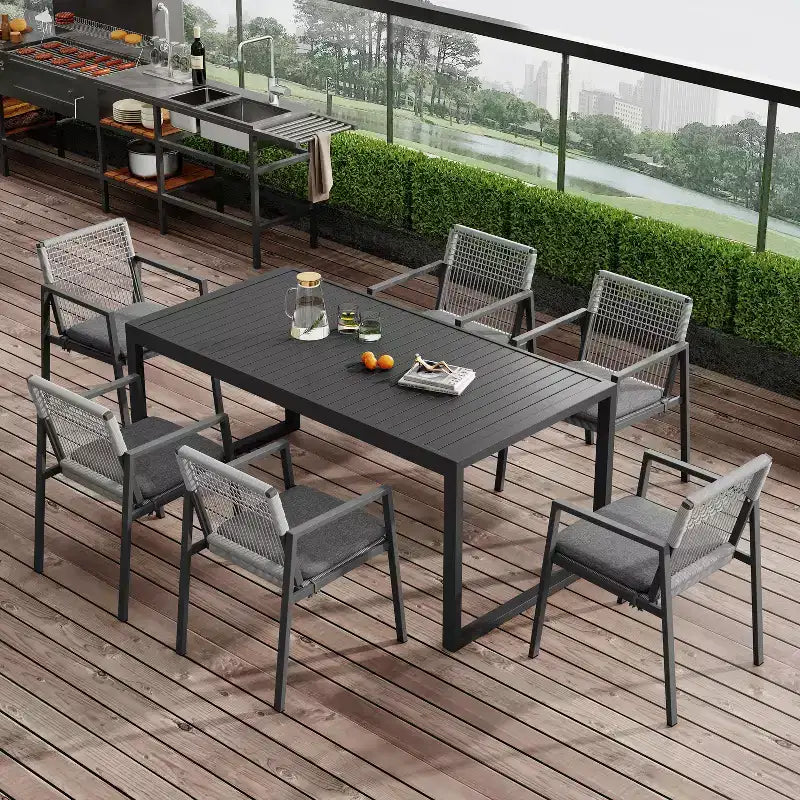 Ensemble de salle à manger d'extérieur moderne en aluminium Christopher Knight Home Bennett 7 pièces avec corde tressée, noir/gris