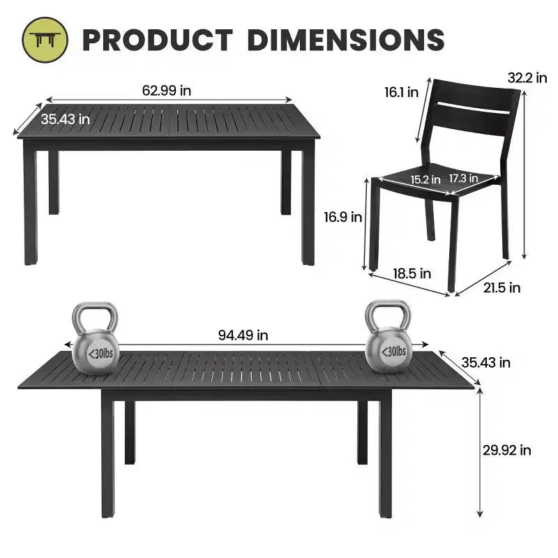 Crestlive Products Set da Pranzo Espandibile da 9 Pezzi per Esterni in Alluminio con Tavolo Rettangolare da 6 a 8 Posti e Sedie
