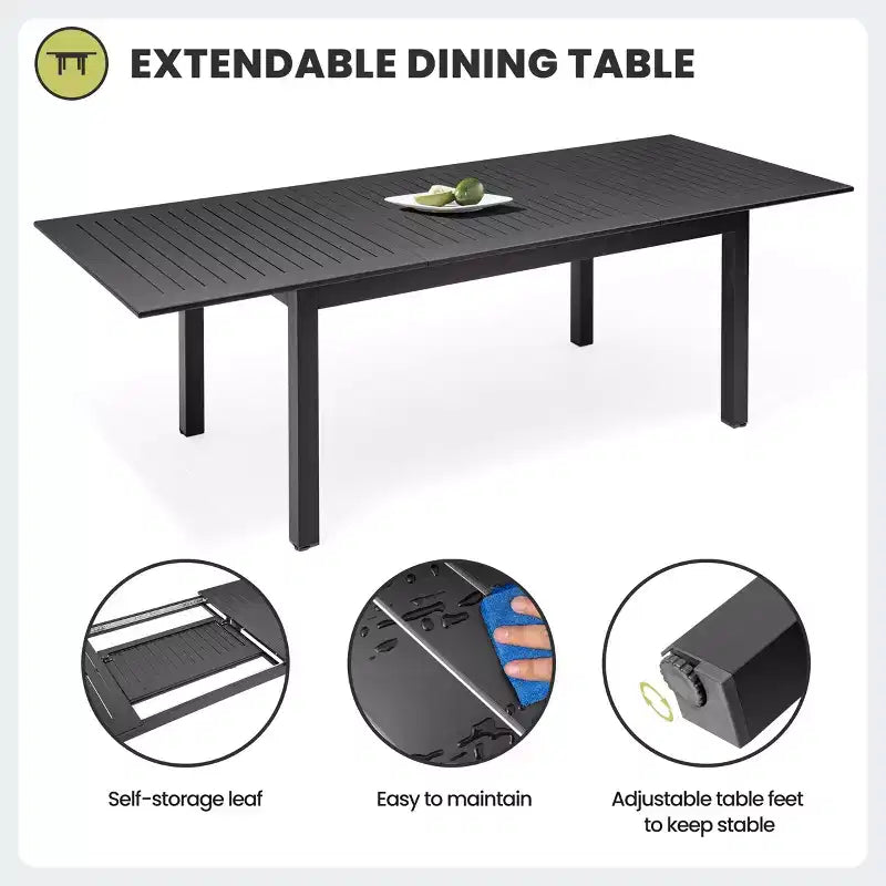 Crestlive Products Set da Pranzo Espandibile da 9 Pezzi per Esterni in Alluminio con Tavolo Rettangolare da 6 a 8 Posti e Sedie