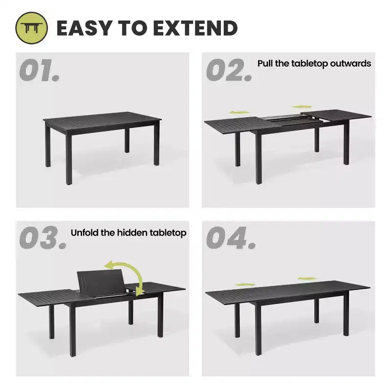 Crestlive Products Set da Pranzo Espandibile da 9 Pezzi per Esterni in Alluminio con Tavolo Rettangolare da 6 a 8 Posti e Sedie
