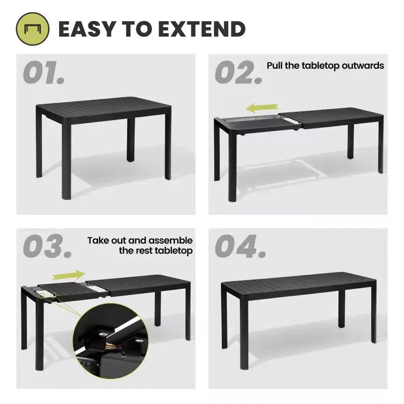 Crestlive Products Set da pranzo da esterno in alluminio per 6 persone, tavolo da pranzo rettangolare allungabile con sedie, impermeabile, antiruggine, adatto a tutte le condizioni atmosferiche