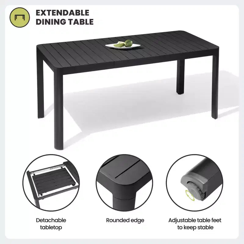 Crestlive Products Set da pranzo da esterno in alluminio per 6 persone, tavolo da pranzo rettangolare allungabile con sedie, impermeabile, antiruggine, adatto a tutte le condizioni atmosferiche