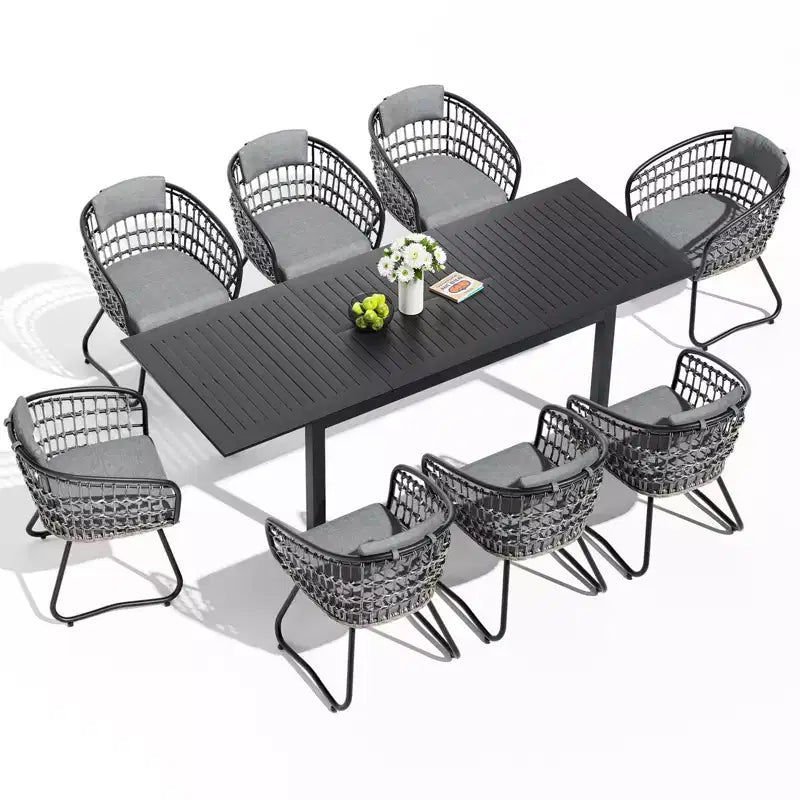 Crestlive Products Set da pranzo espandibile da 9 pezzi per patio, tavolo rettangolare da esterno in alluminio da 6-8 posti con sedie in rattan