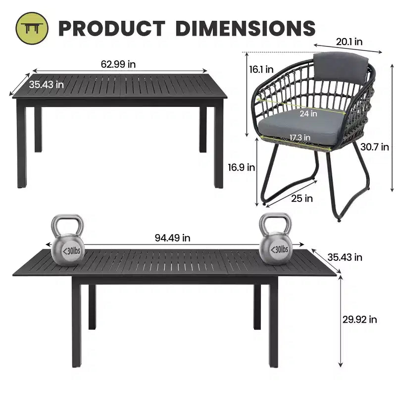 Crestlive Products Set da pranzo espandibile da 9 pezzi per patio, tavolo rettangolare da esterno in alluminio da 6-8 posti con sedie in rattan