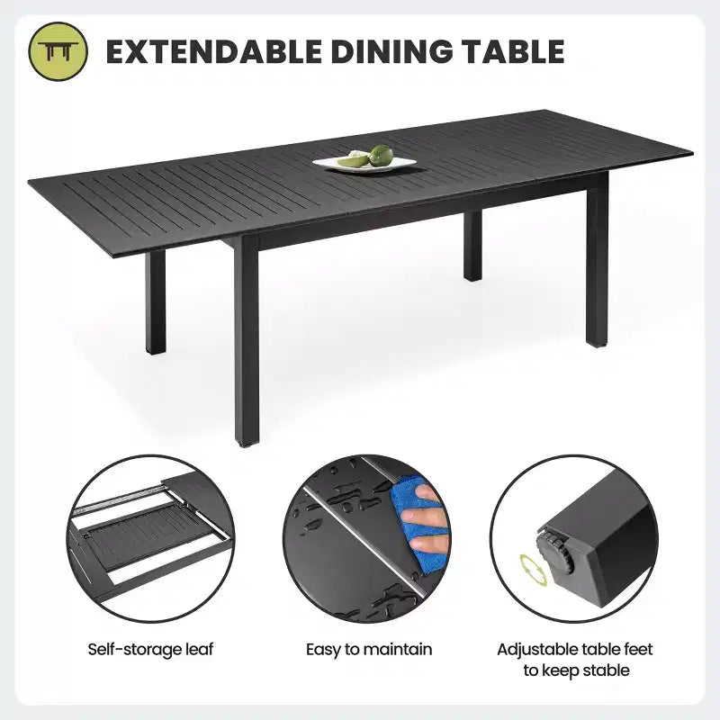 Crestlive Products Set da pranzo espandibile da 9 pezzi per patio, tavolo rettangolare da esterno in alluminio da 6-8 posti con sedie in rattan