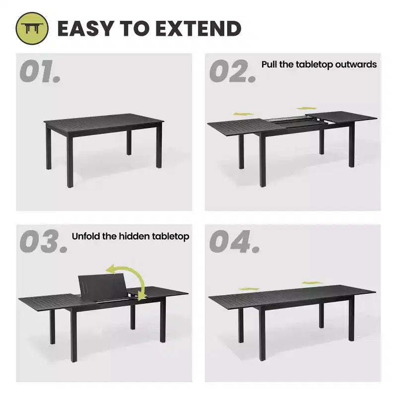 Crestlive Products Set da pranzo espandibile da 9 pezzi per patio, tavolo rettangolare da esterno in alluminio da 6-8 posti con sedie in rattan