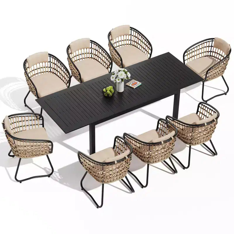 Crestlive Products Set da pranzo espandibile da 9 pezzi per patio, tavolo rettangolare da esterno in alluminio da 6-8 posti con sedie in rattan
