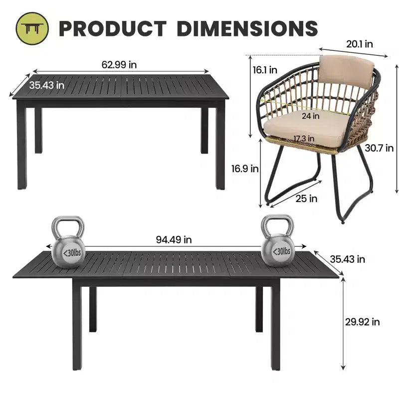 Crestlive Products Set da pranzo espandibile da 9 pezzi per patio, tavolo rettangolare da esterno in alluminio da 6-8 posti con sedie in rattan