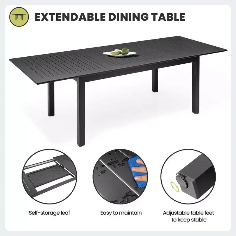 Crestlive Products Set da pranzo espandibile da 9 pezzi per patio, tavolo rettangolare da esterno in alluminio da 6-8 posti con sedie in rattan
