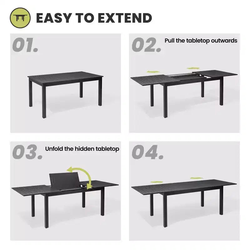 Crestlive Products Set da pranzo espandibile da 9 pezzi per patio, tavolo rettangolare da esterno in alluminio da 6-8 posti con sedie in rattan