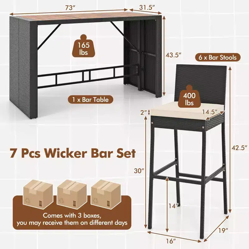 Costway Set da Bar da Esterno 7 Pezzi con Tavolo in Legno di Acacia e Cuscini Rimovibili