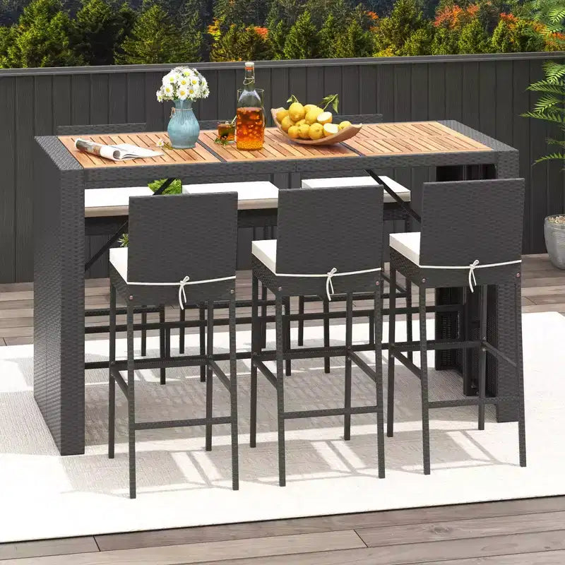 Costway Set da Bar da Esterno 7 Pezzi con Tavolo in Legno di Acacia e Cuscini Rimovibili