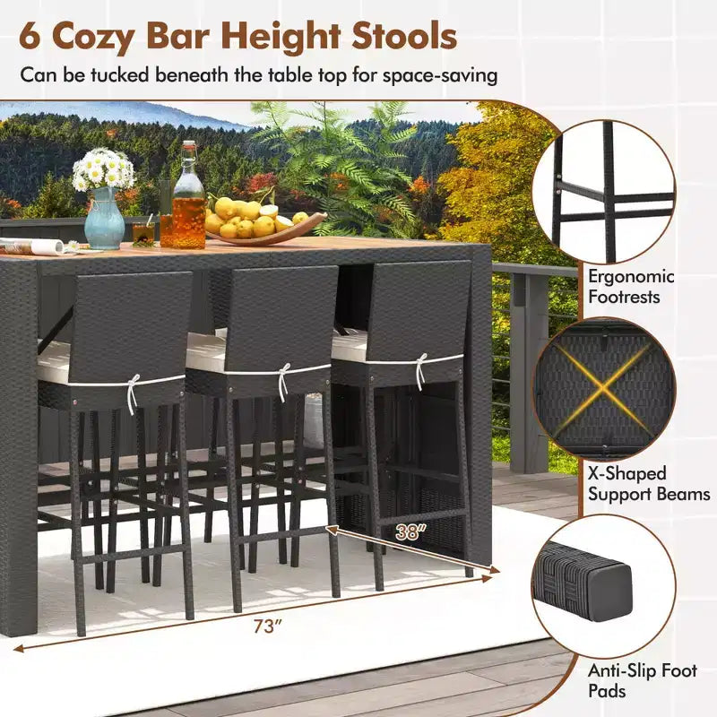 Costway Set da Bar da Esterno 7 Pezzi con Tavolo in Legno di Acacia e Cuscini Rimovibili