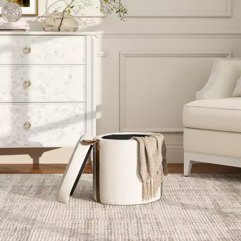 Pouf contenitore rotondo imbottito da 14 pollici con accenti in pelle
