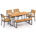 Costway Ensemble de salle à manger d'extérieur 6 pièces en bois d'acacia avec banc et 2 trous pour parasol, pour 6-7 personnes