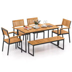 Costway Ensemble de salle à manger d'extérieur 6 pièces en bois d'acacia avec banc et 2 trous pour parasol, pour 6-7 personnes