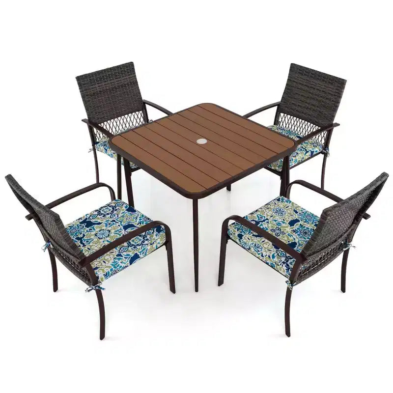 Costway 5 PCS Patio Dining Set with Wood-Plastic Tabletop & Umbrella Hole for Backyard
